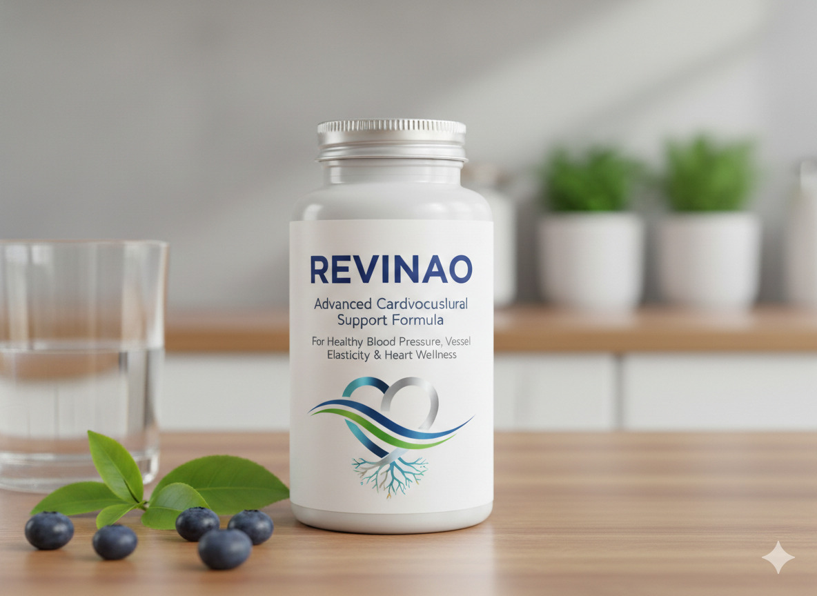 Revinao food supplement bottle and capsules on a neutral surface